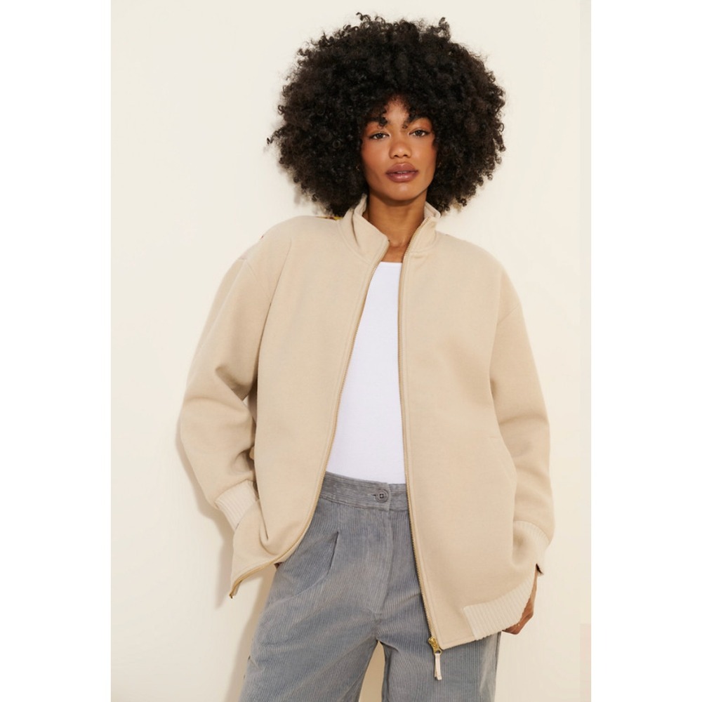 Anthropologie Tapestry Bomber Jacket M/L Cream Floral Knit Wool Blend Oversized - Picture 2 of 16